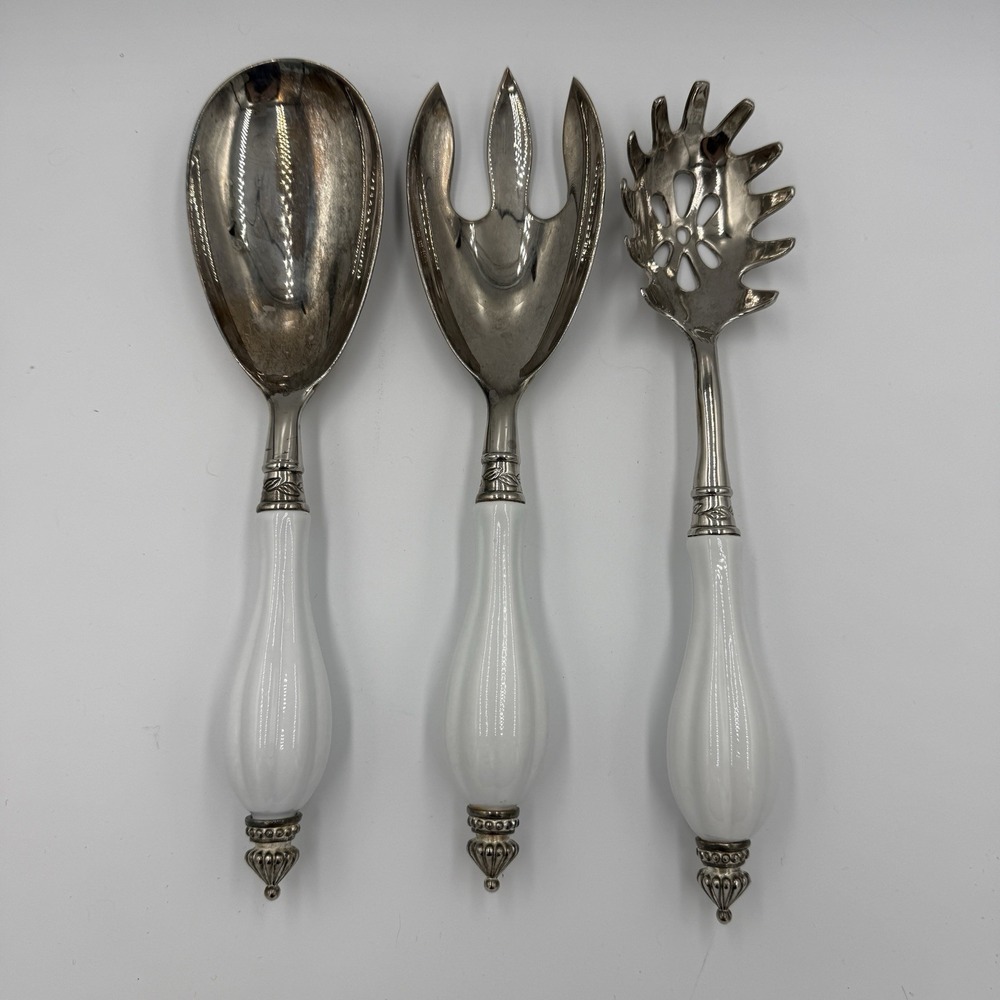 Three Piece Elegant Godinger Silver Plate Serving Set White Porcelain Handle